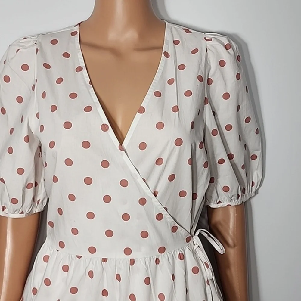 J.Crew White Rose Polka Dot Short Puff-Sleeve‎ Cotton Poplin Mini Wrap Dress XS
